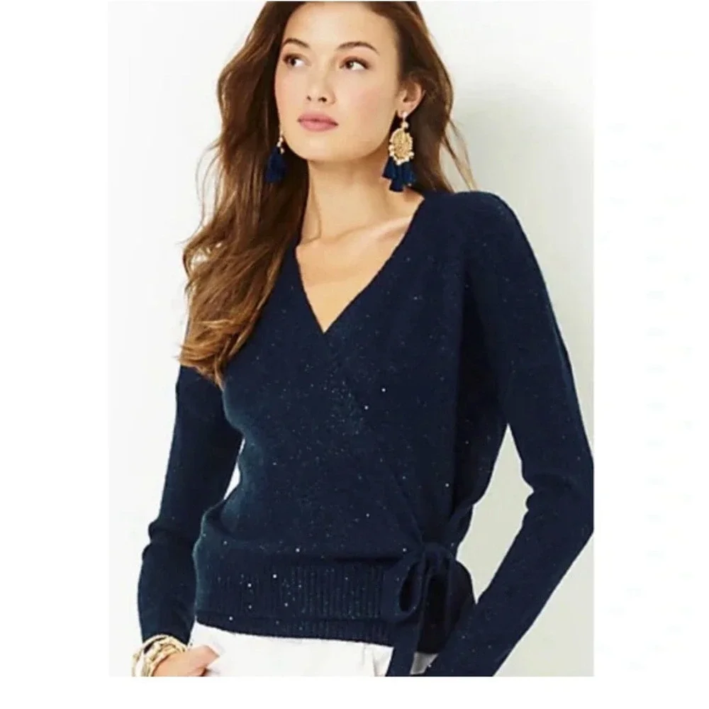 Lilly Pulitzer Dixie Sequin‎ Wrap Sweater Aegean Navy Medium M
